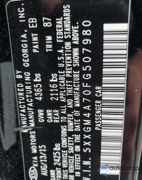 2015 Kia Optima Lx z USA, uszkodzony, nr VIN 5XXGM4A70FG507980